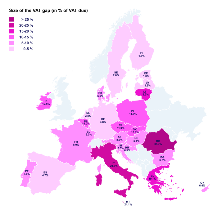 Map of the EU. Different shades of pink are used to color the countries according to their vat gap.